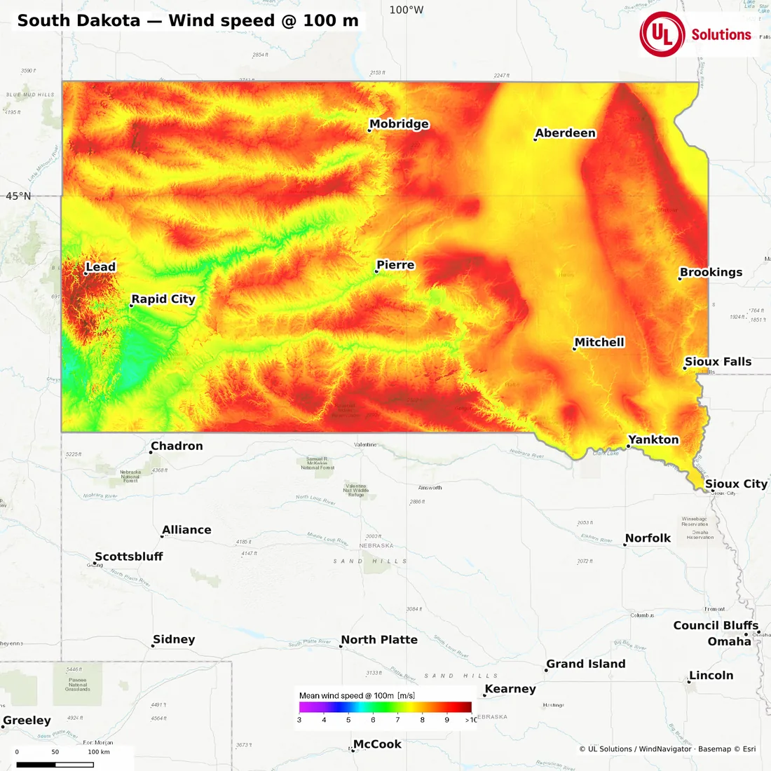 Wind speed map of South Dakota at 100m hub height