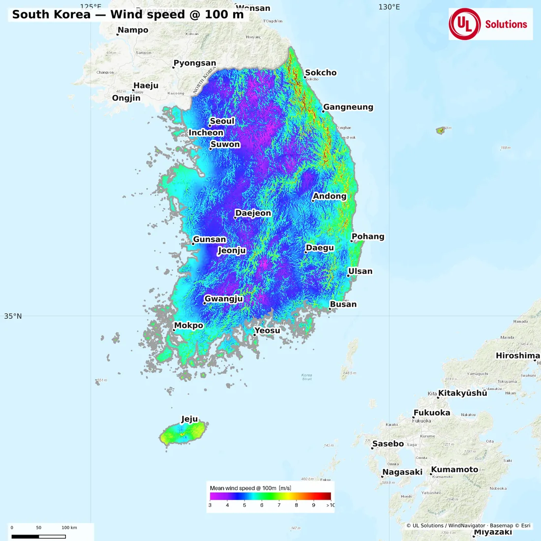 Wind speed map of South Korea at 100m hub height