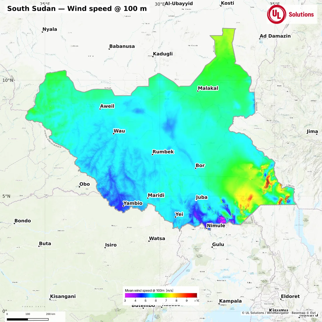 Wind speed map of South Sudan at 100m hub height