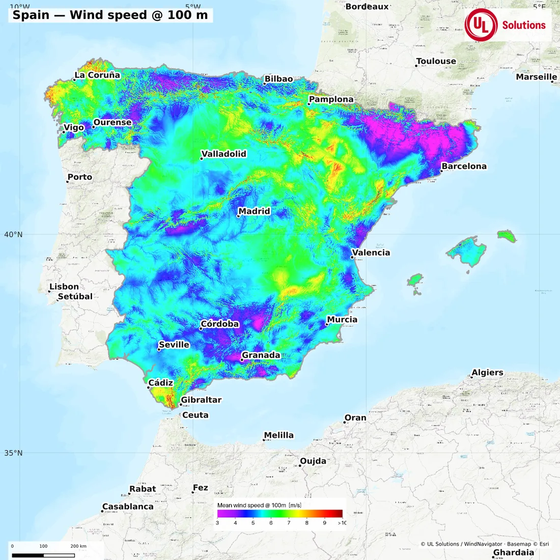 Wind speed map of Spain at 100m hub height