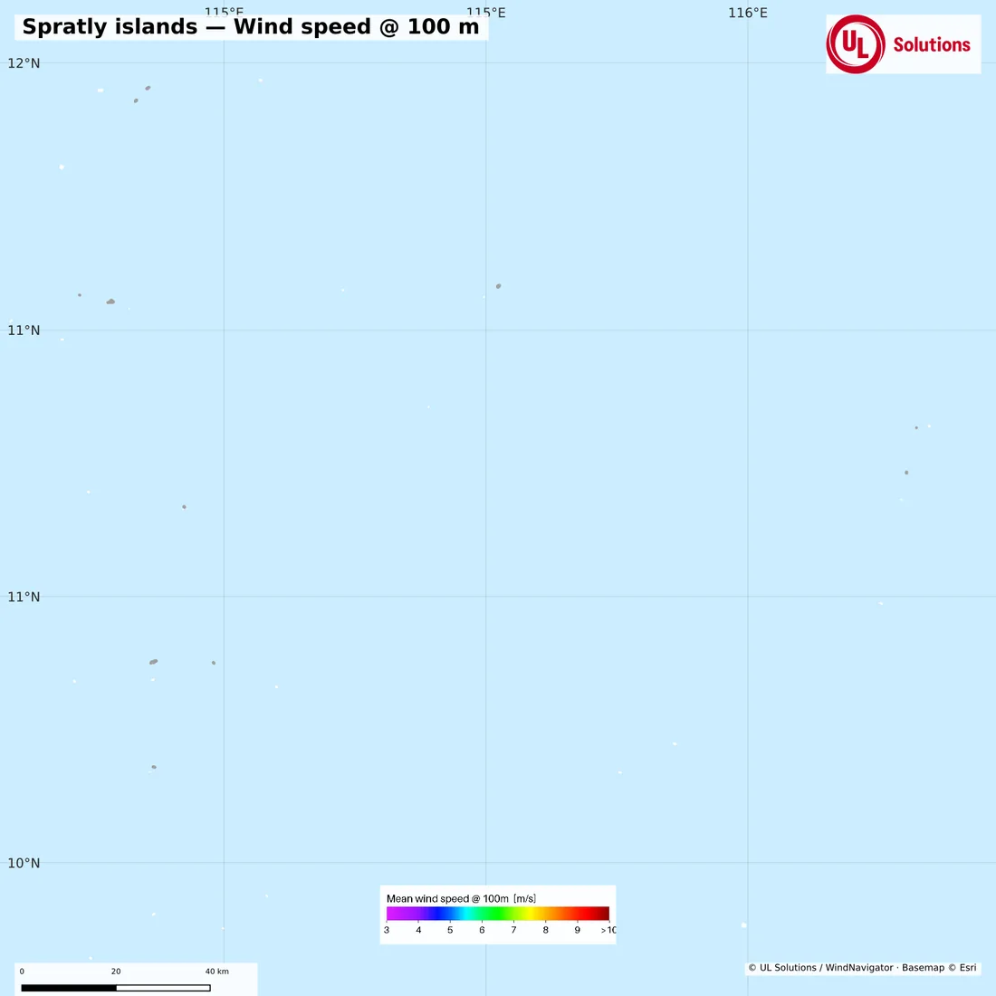Wind speed map of Spratly islands at 100m hub height