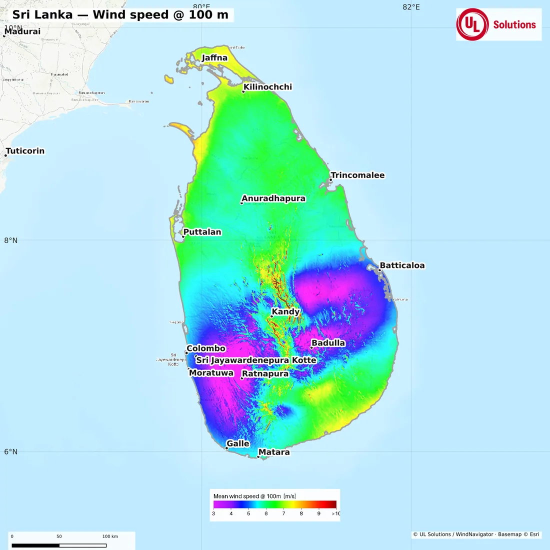 Wind speed map of Sri Lanka at 100m hub height