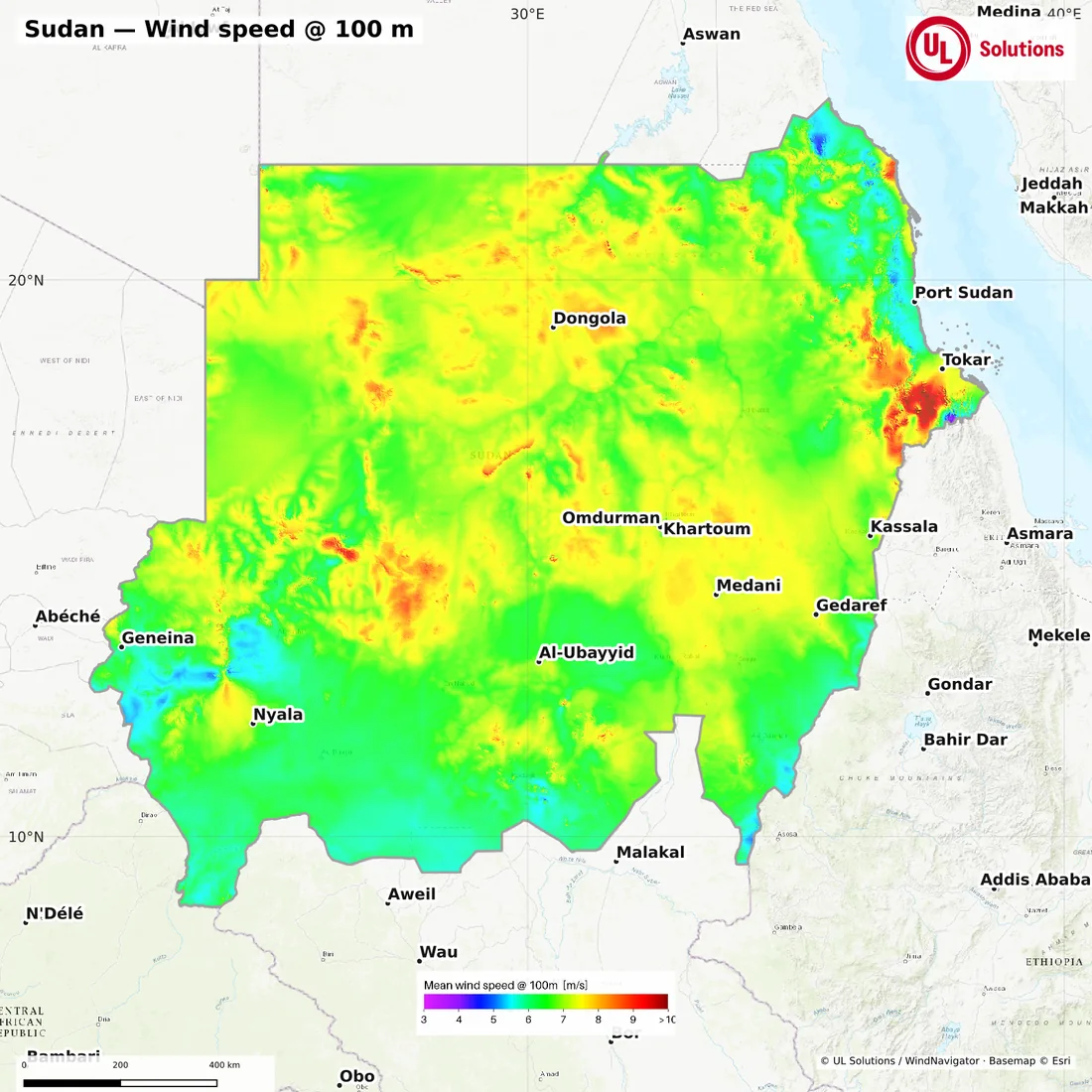 Wind speed map of Sudan at 100m hub height