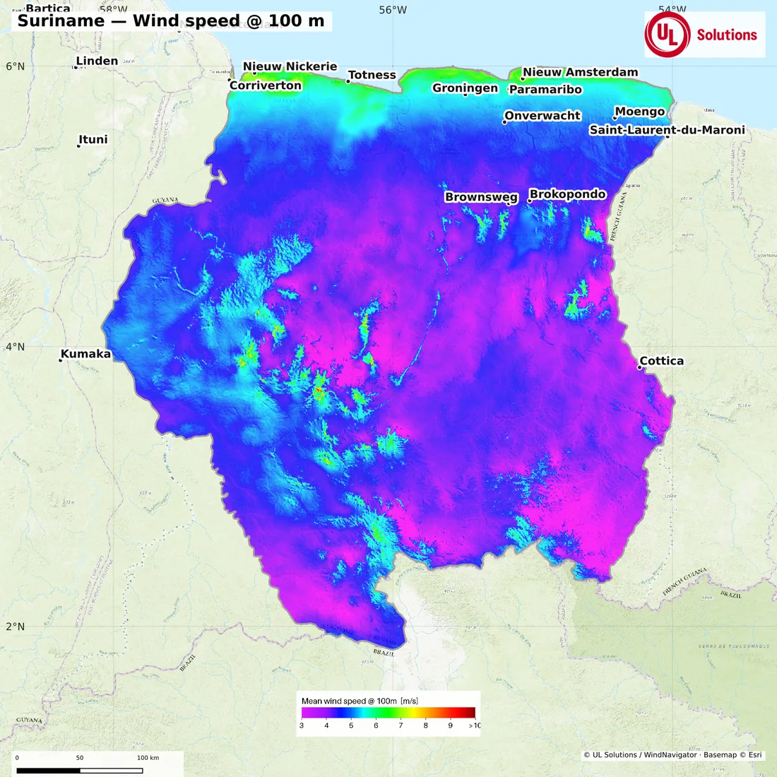 Wind speed map of Suriname at 100m hub height