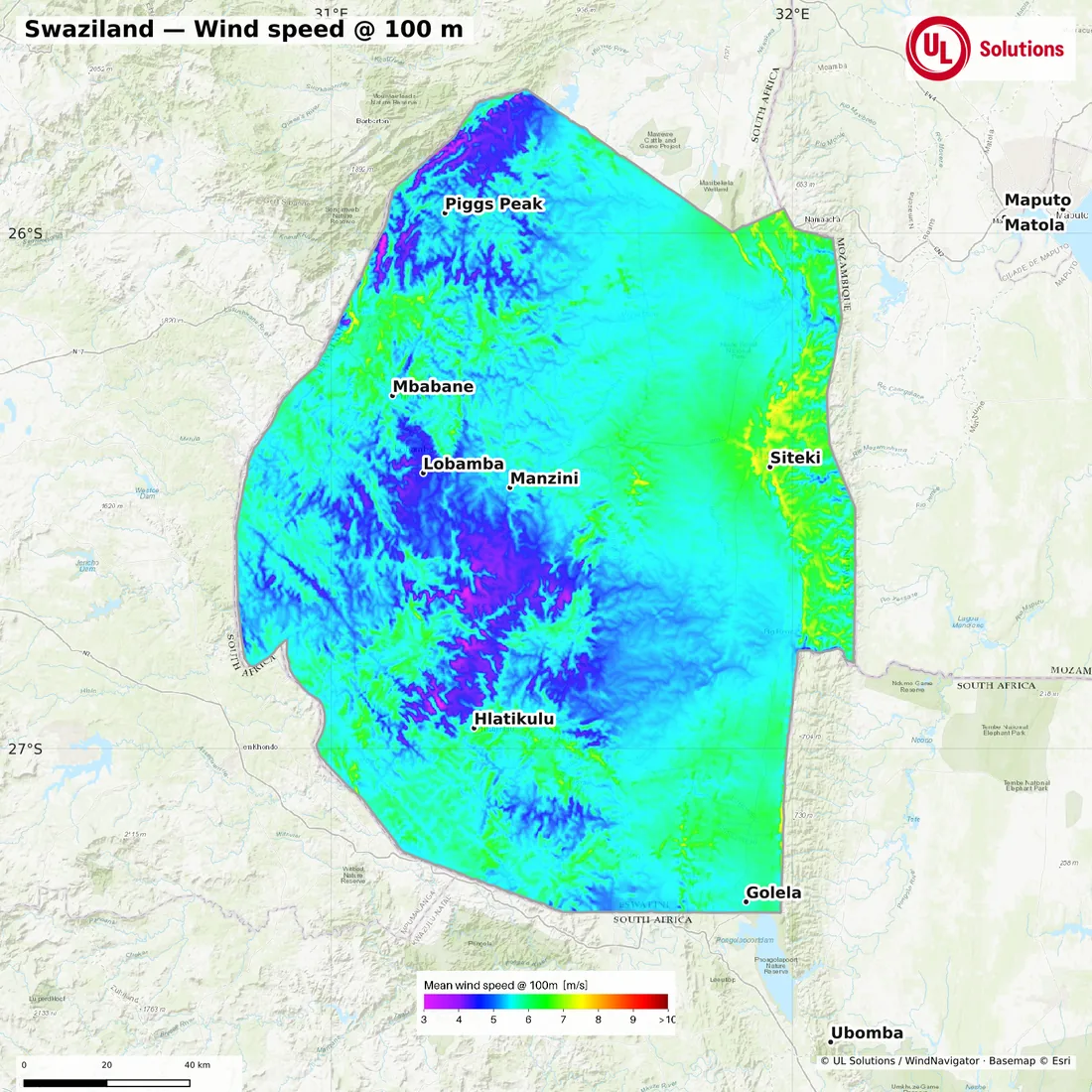 Wind speed map of Swaziland at 100m hub height