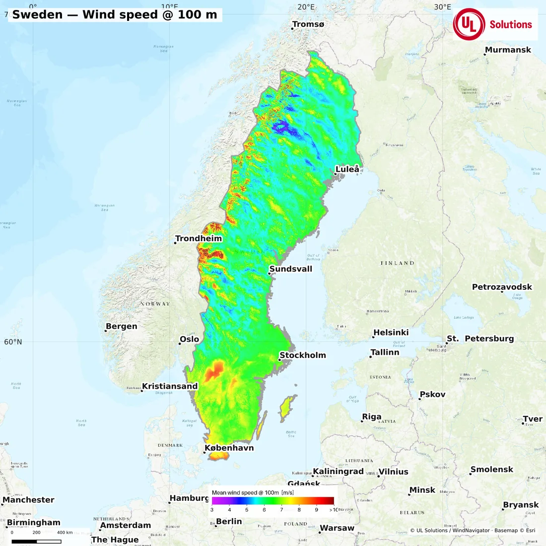 Wind speed map of Sweden at 100m hub height