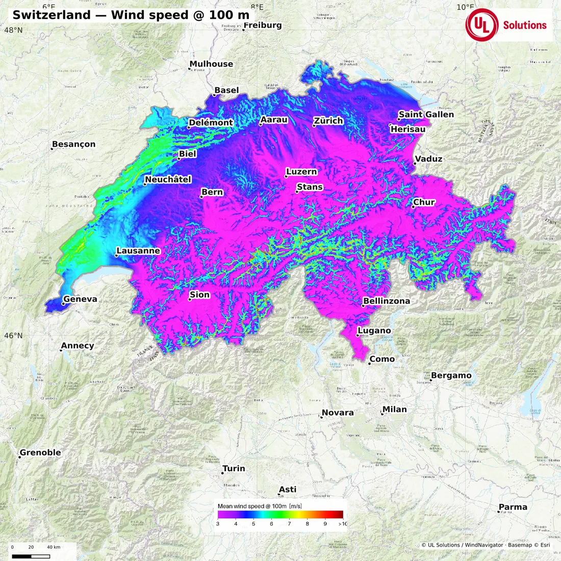 Wind speed map of Switzerland at 100m hub height
