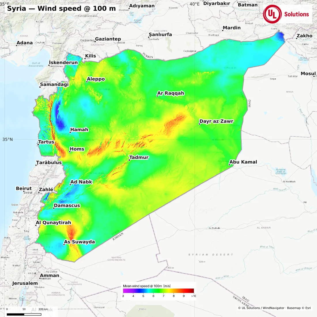 Wind speed map of Syria at 100m hub height