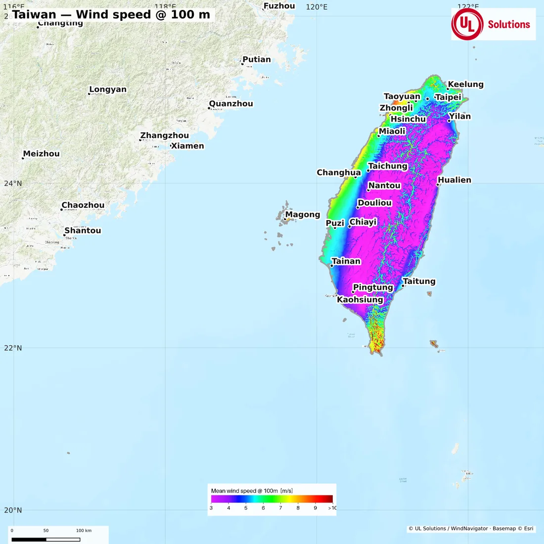 Wind speed map of Taiwan at 100m hub height