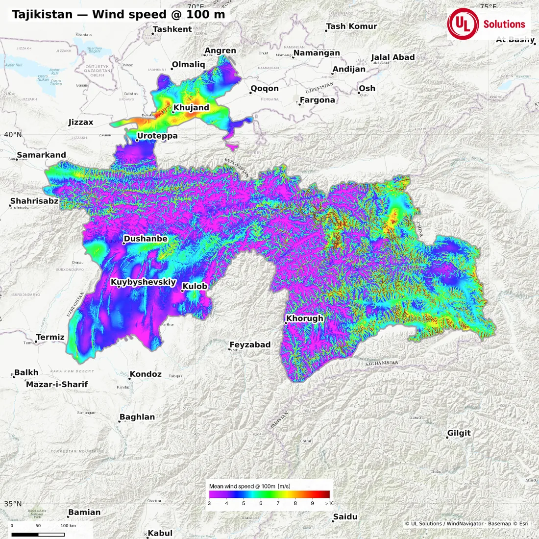 Wind speed map of Tajikistan at 100m hub height