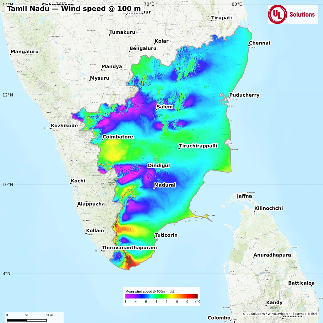 Wind speed map of Tamil Nadu at 100m hub height