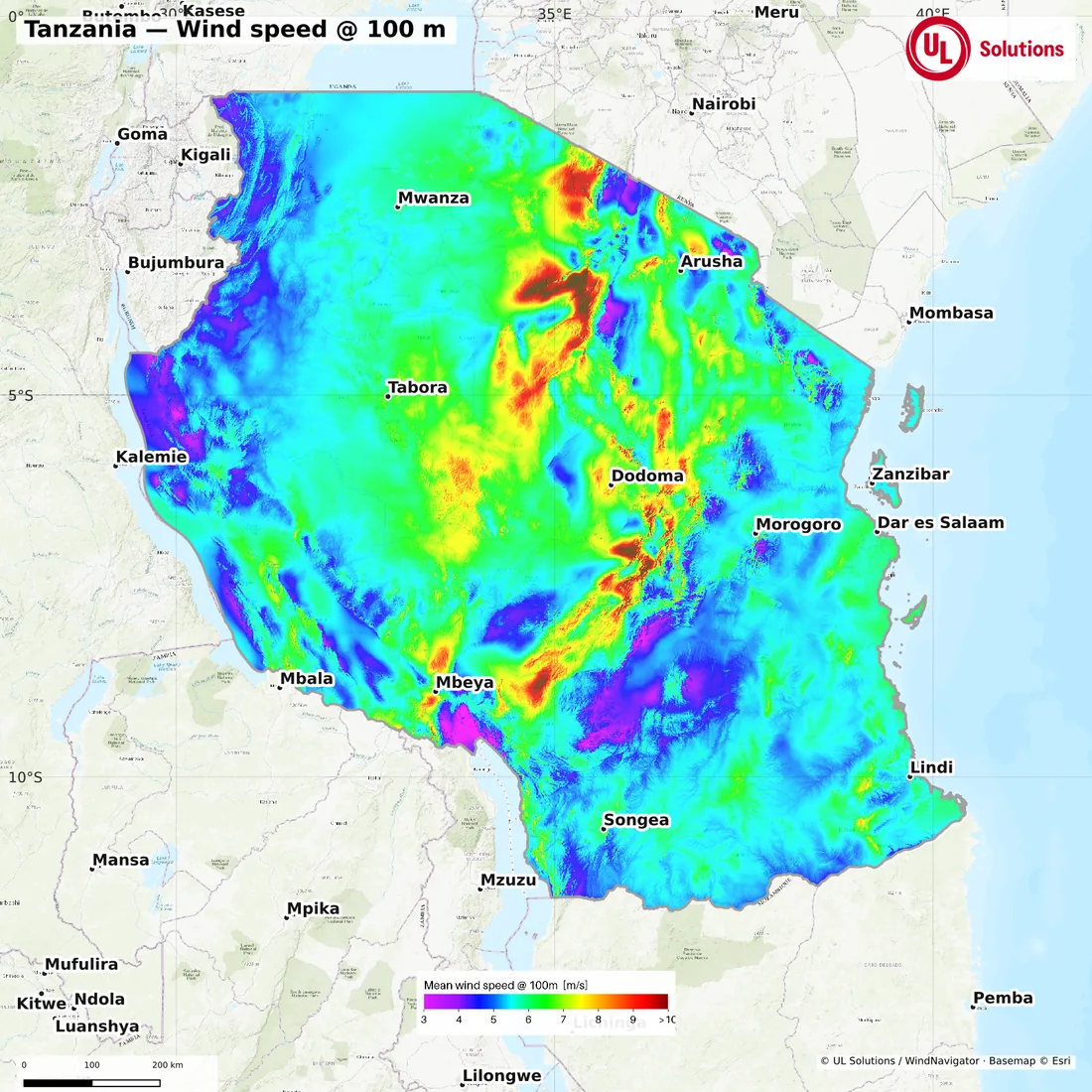 Wind speed map of Tanzania at 100m hub height