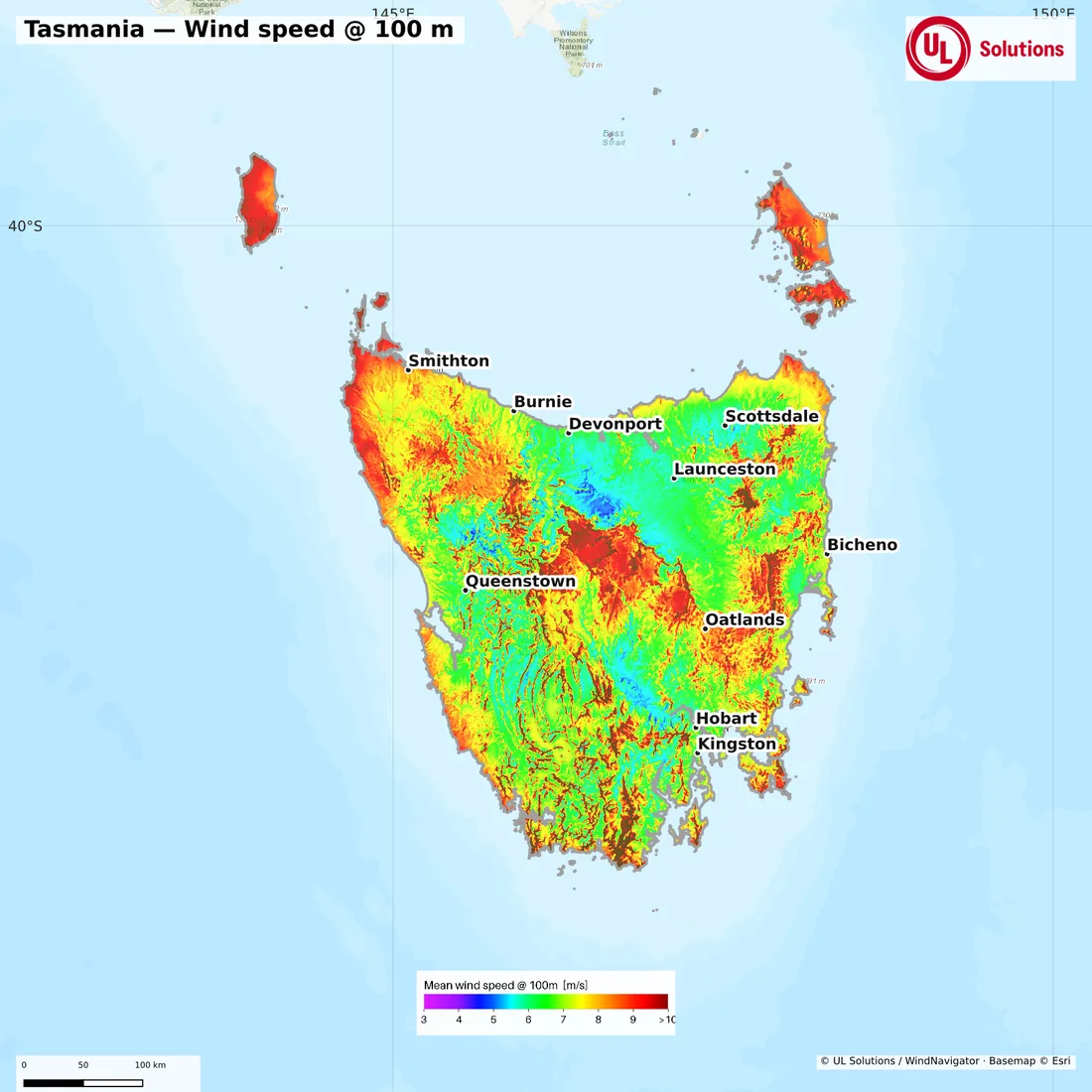 Wind speed map of Tasmania at 100m hub height
