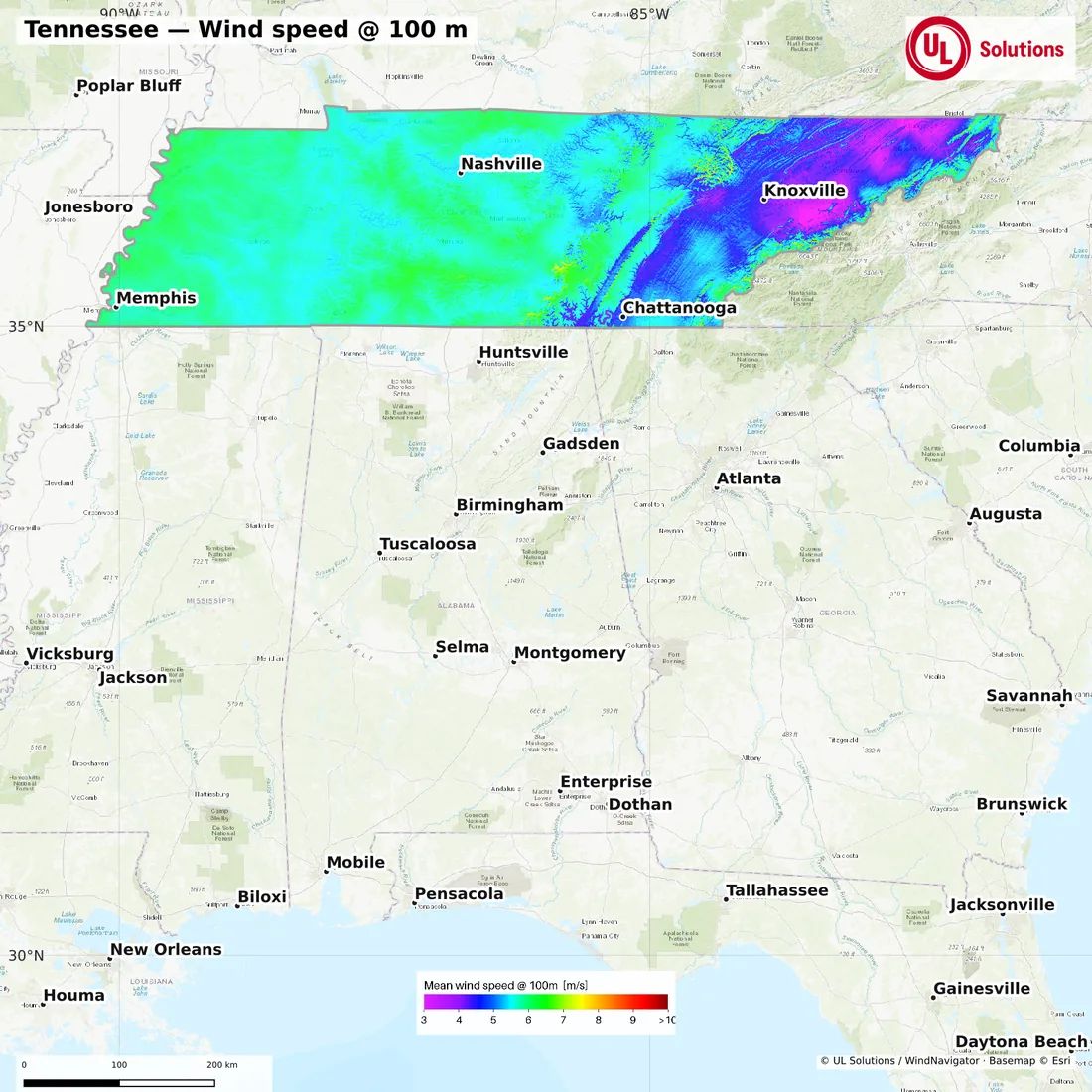 Wind speed map of Tennessee at 100m hub height