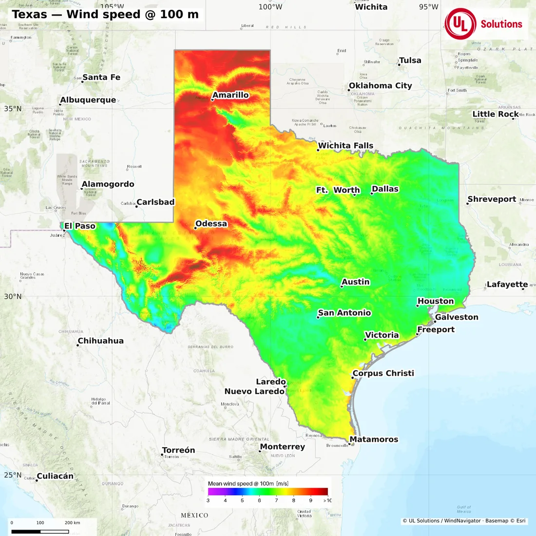 Wind speed map of Texas at 100m hub height