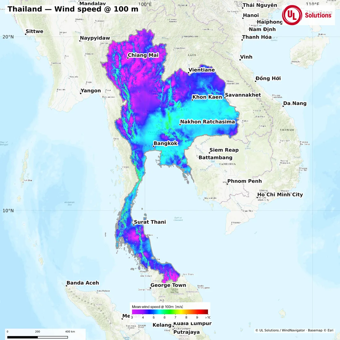 Wind speed map of Thailand at 100m hub height
