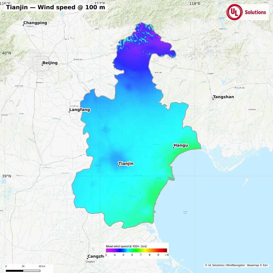 Wind speed map of Tianjin at 100m hub height