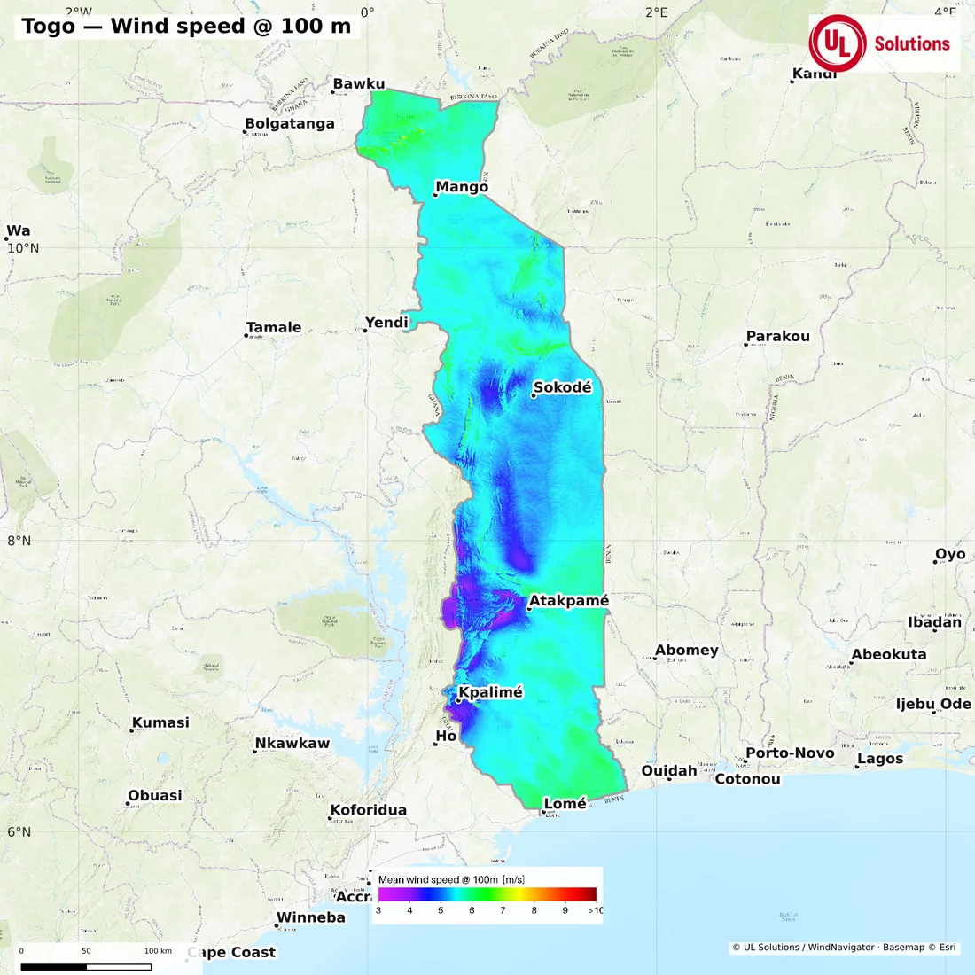 Wind speed map of Togo at 100m hub height