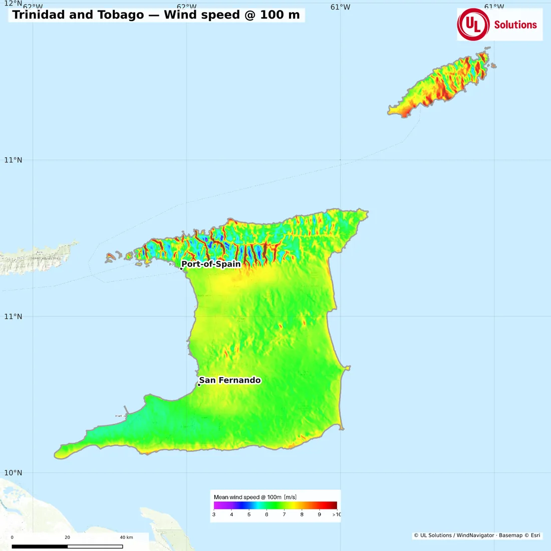 Wind speed map of Trinidad and Tobago at 100m hub height