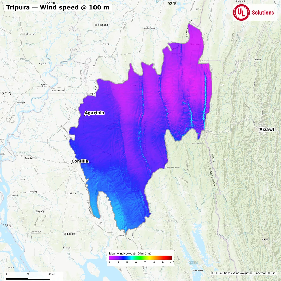 Wind speed map of Tripura at 100m hub height