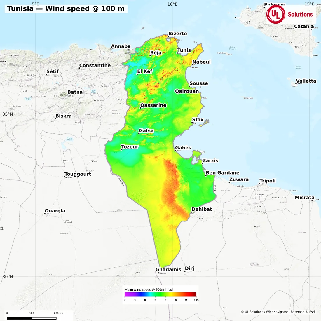 Wind speed map of Tunisia at 100m hub height