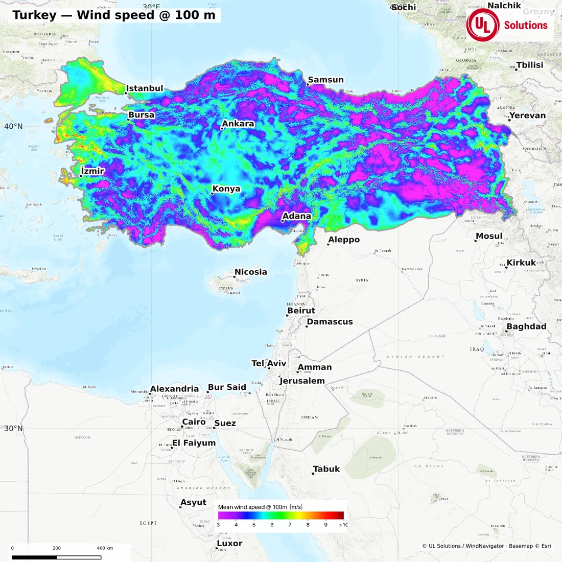 Wind speed map of Turkey at 100m hub height