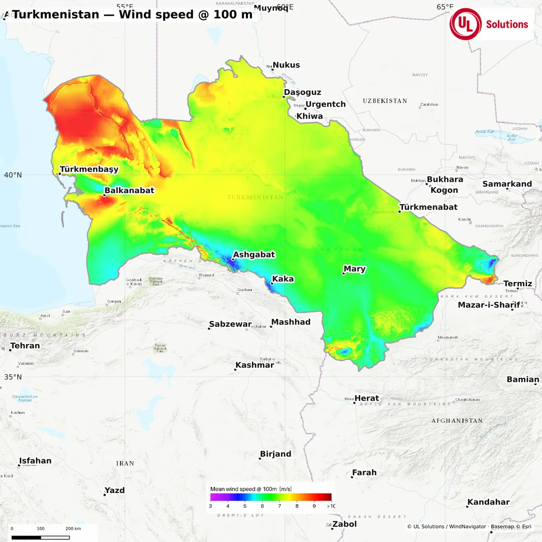 Wind speed map of Turkmenistan at 100m hub height