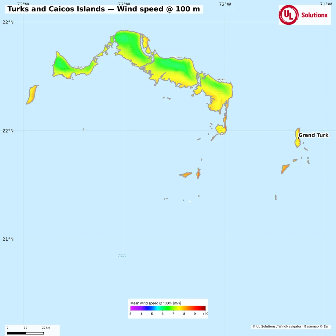 Wind speed map of Turks and Caicos Islands at 100m hub height
