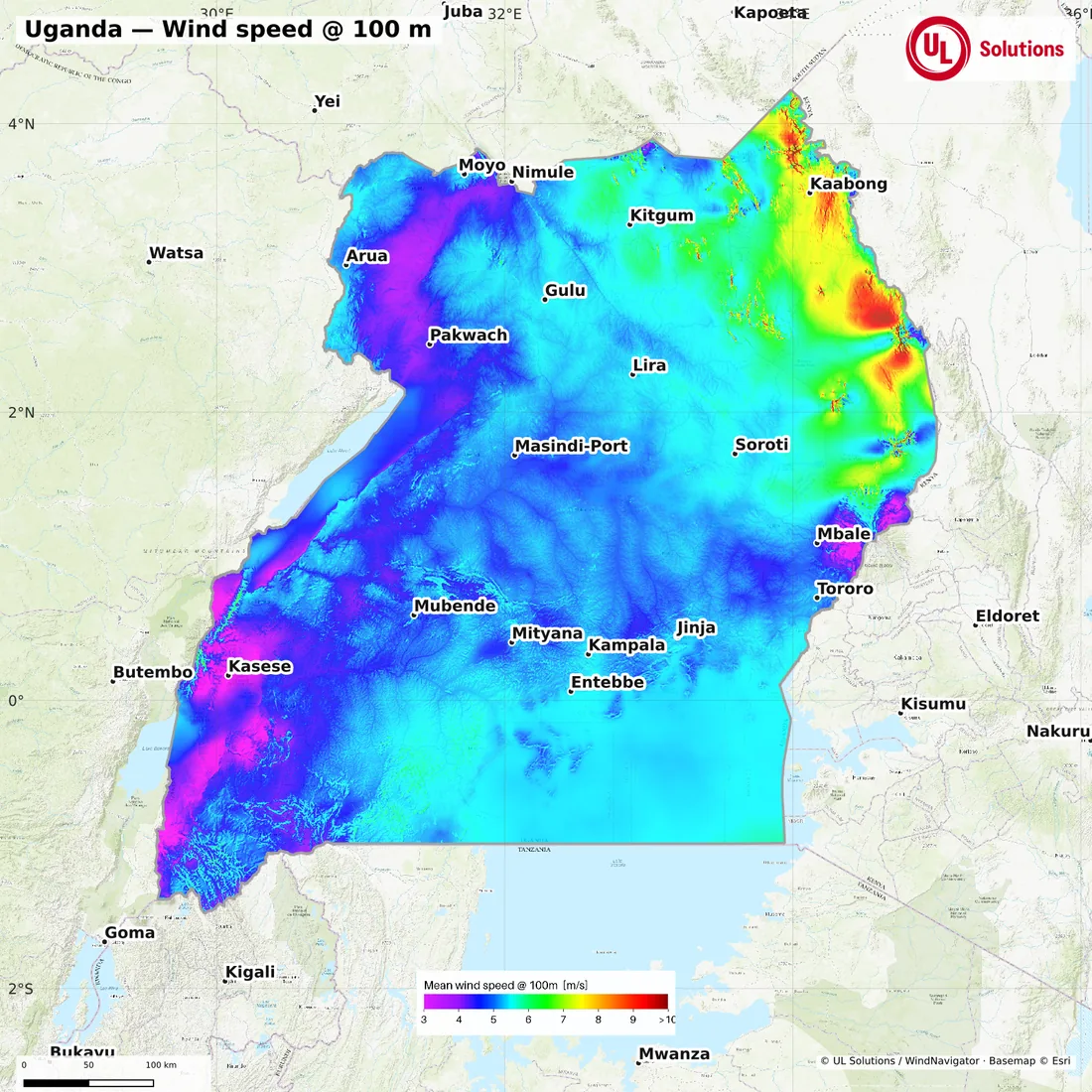Wind speed map of Uganda at 100m hub height