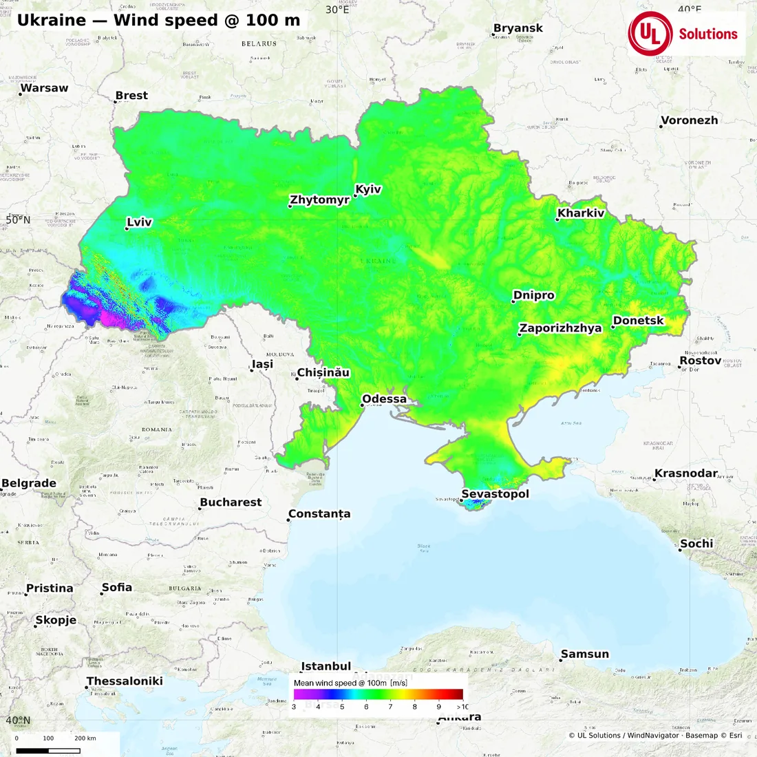Wind speed map of Ukraine at 100m hub height