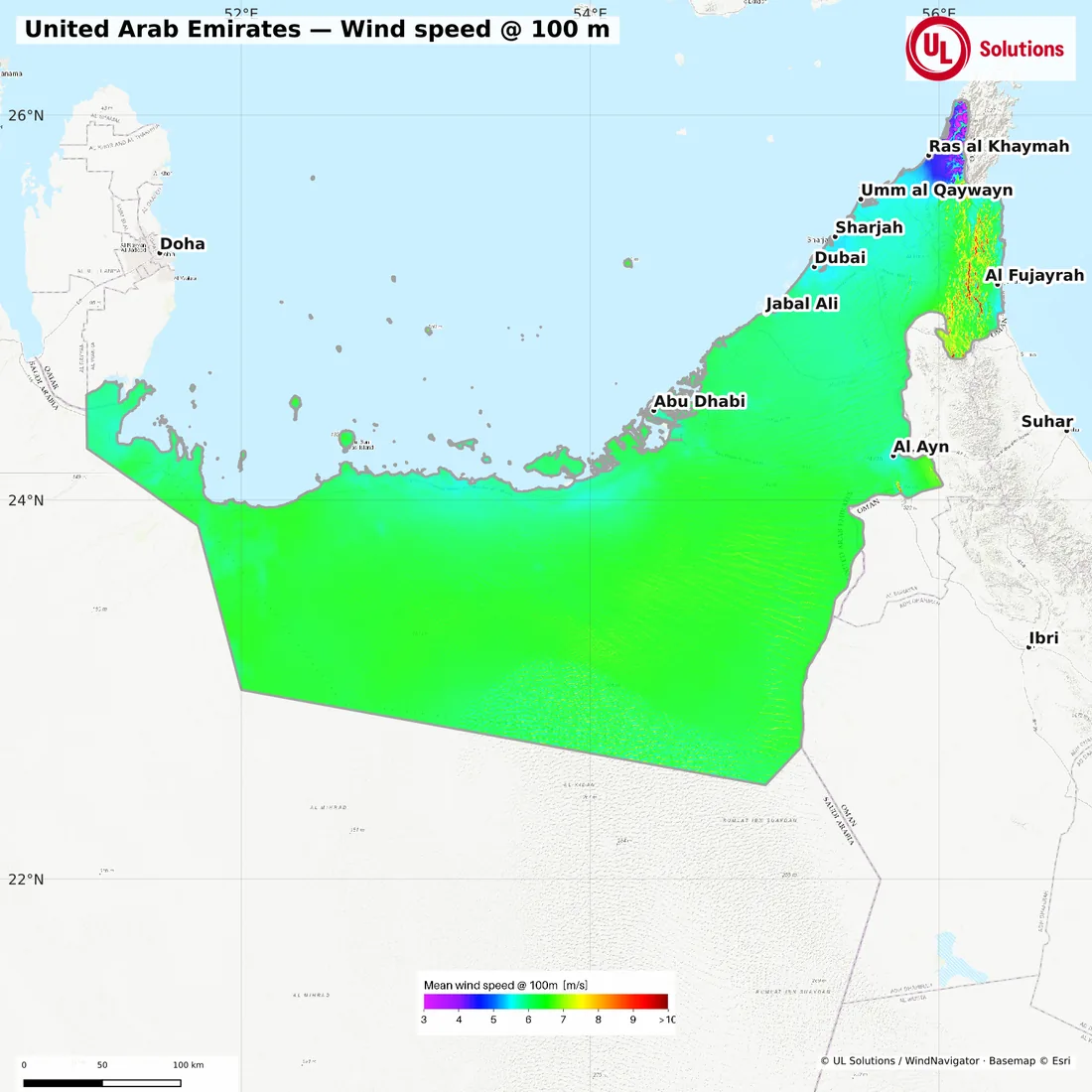 Wind speed map of United Arab Emirates at 100m hub height