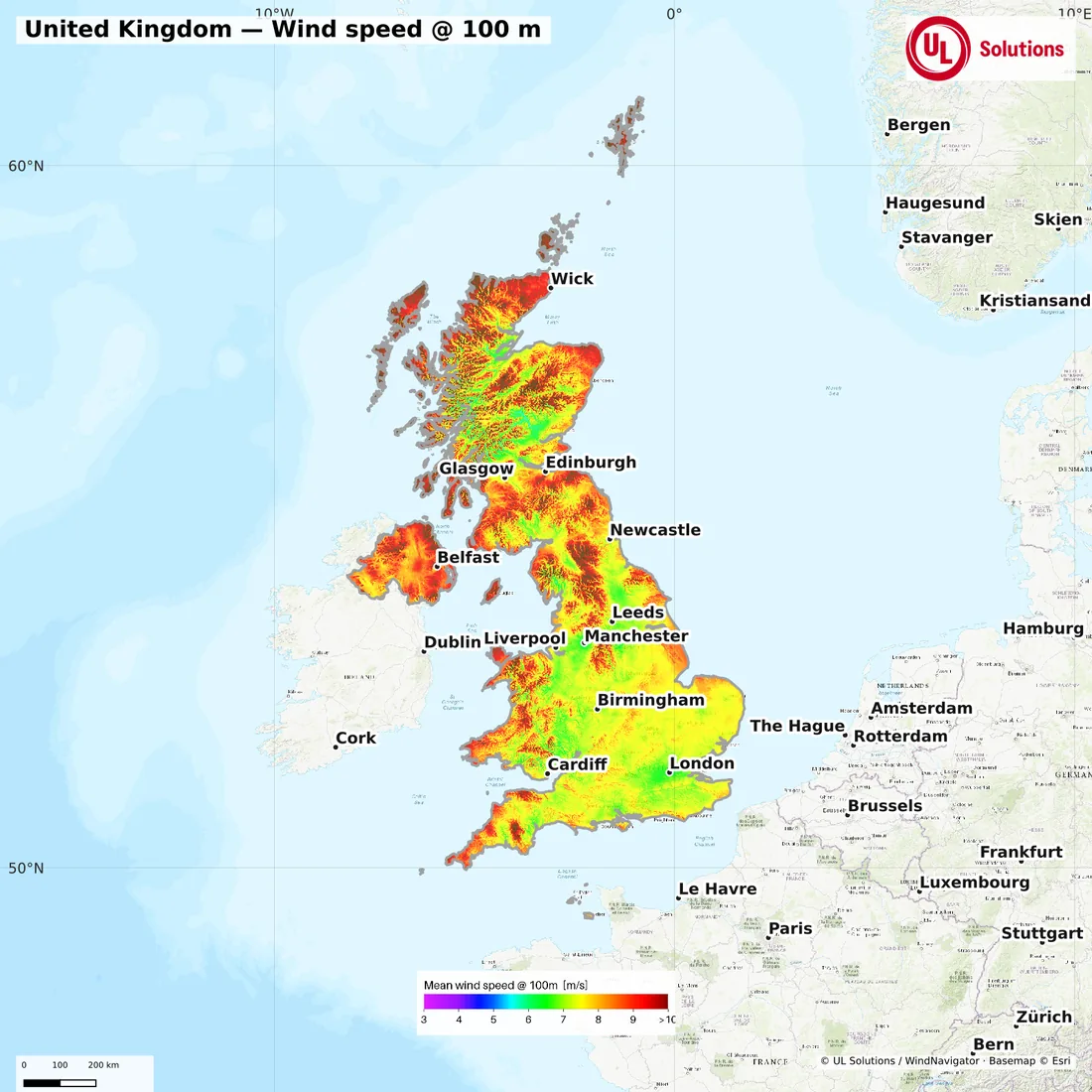 Wind speed map of United Kingdom at 100m hub height