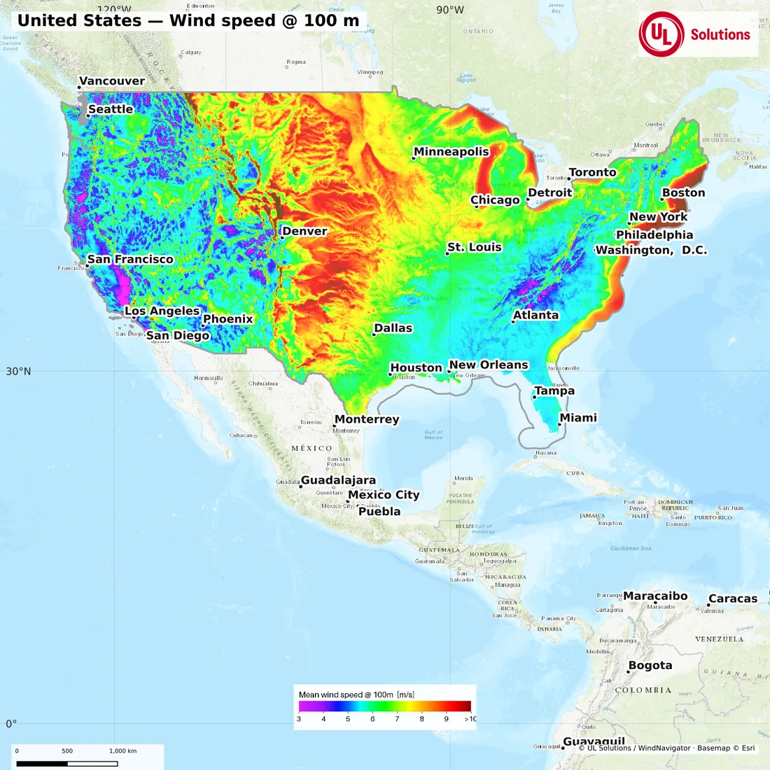 Wind speed map of United States at 100m hub height