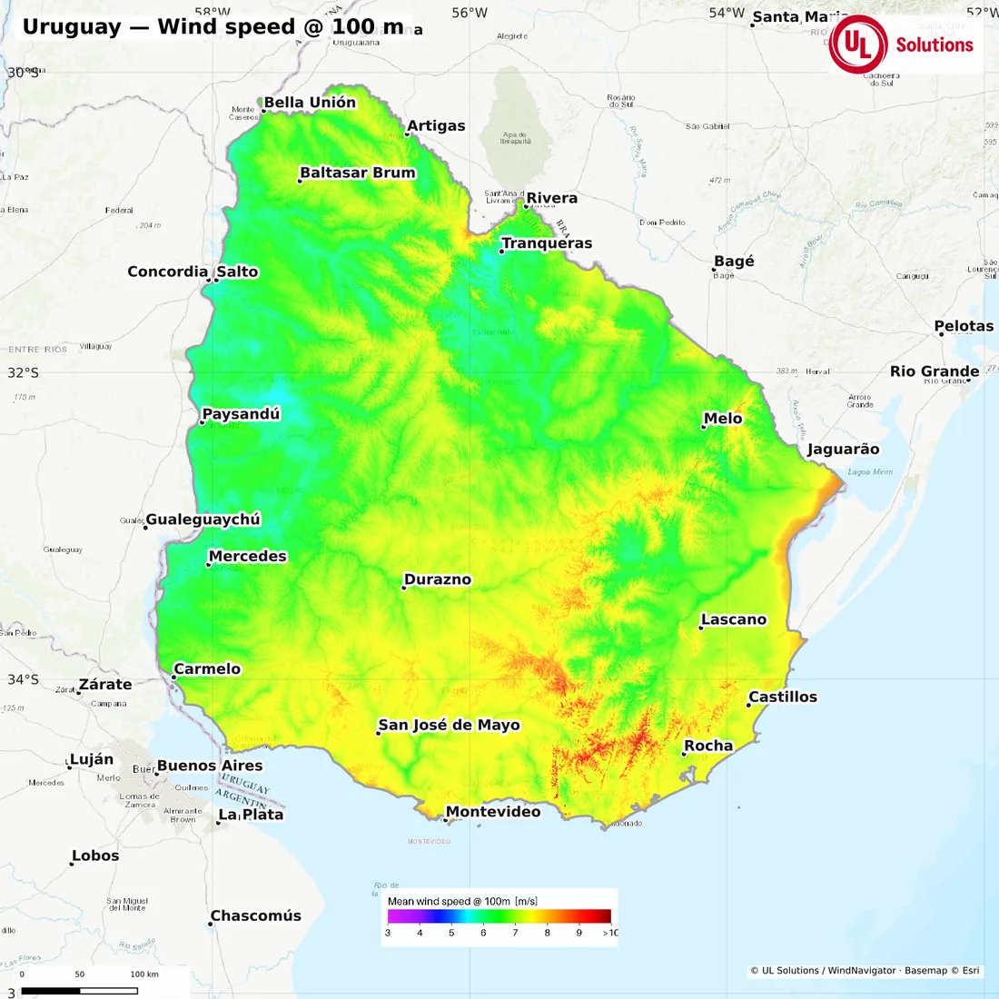 Wind speed map of Uruguay at 100m hub height