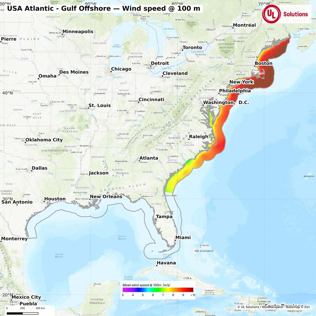 Wind speed map of USA Atlantic - Gulf Offshore at 100m hub height