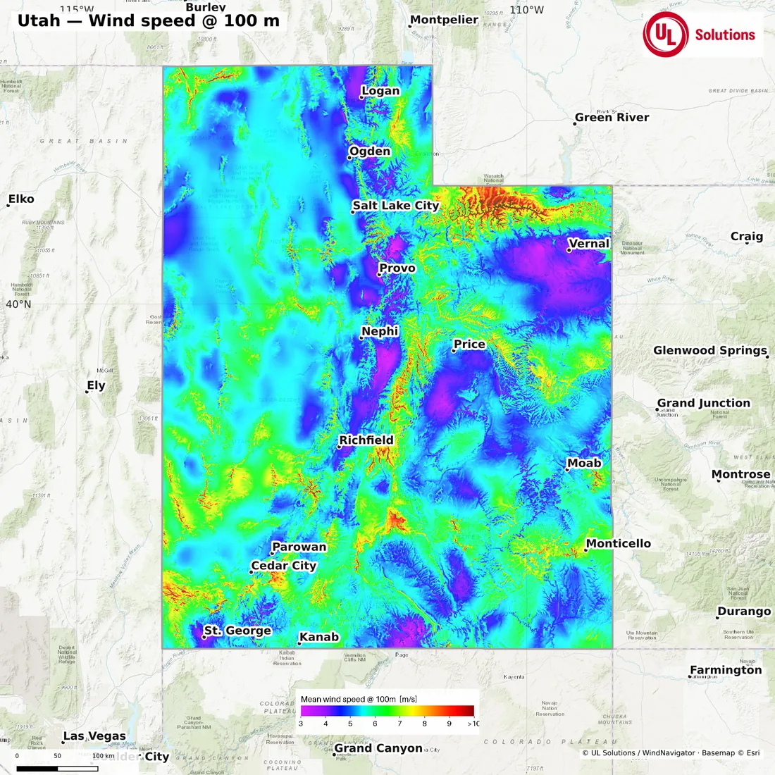 Wind speed map of Utah at 100m hub height