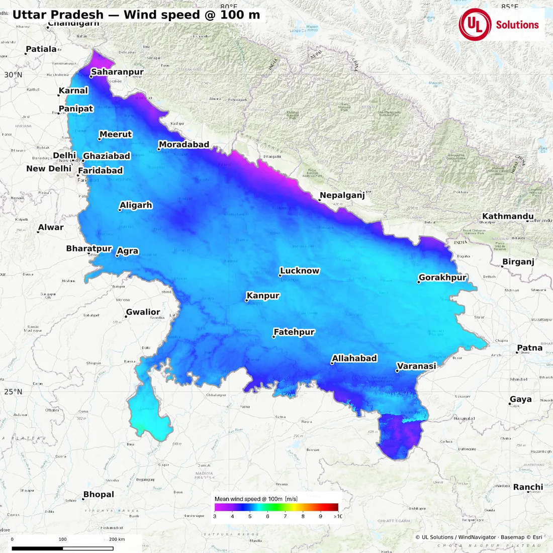 Wind speed map of Uttar Pradesh at 100m hub height