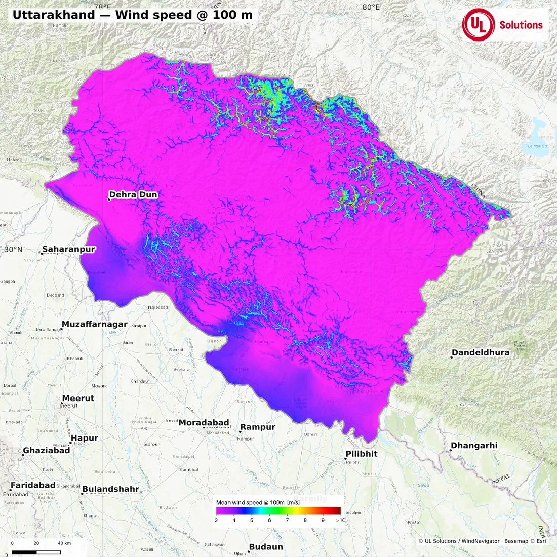 Wind speed map of Uttarakhand at 100m hub height