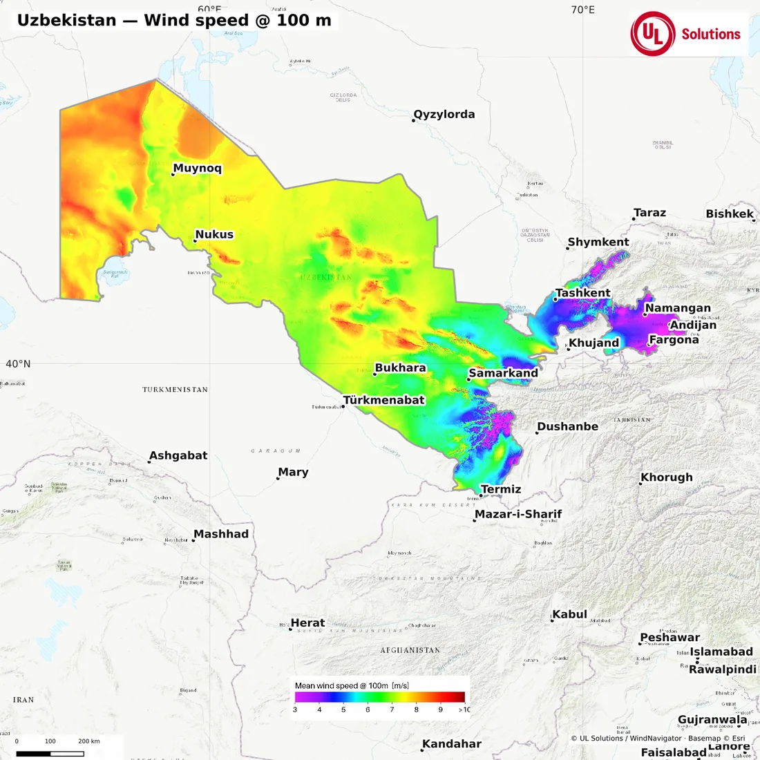 Wind speed map of Uzbekistan at 100m hub height