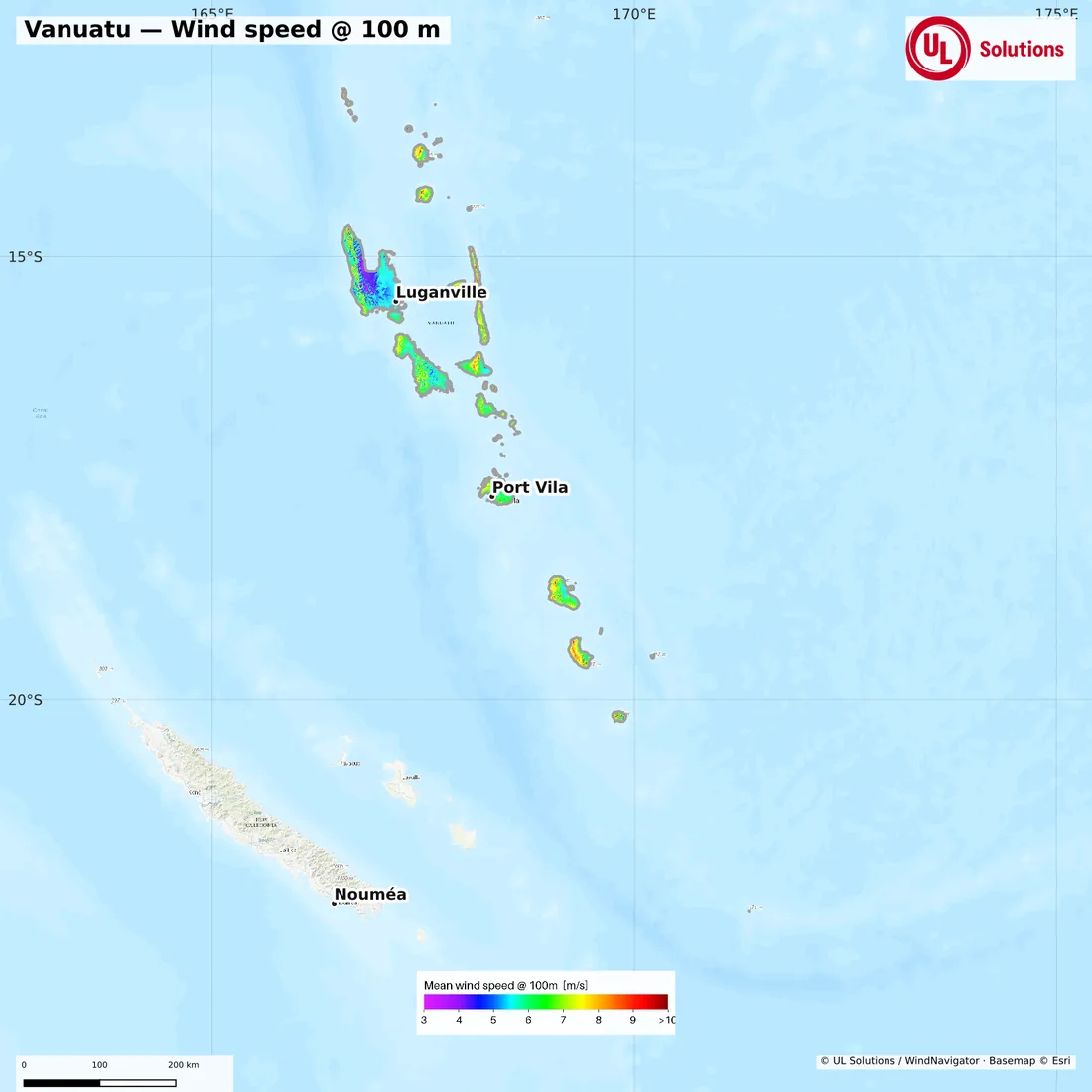 Wind speed map of Vanuatu at 100m hub height
