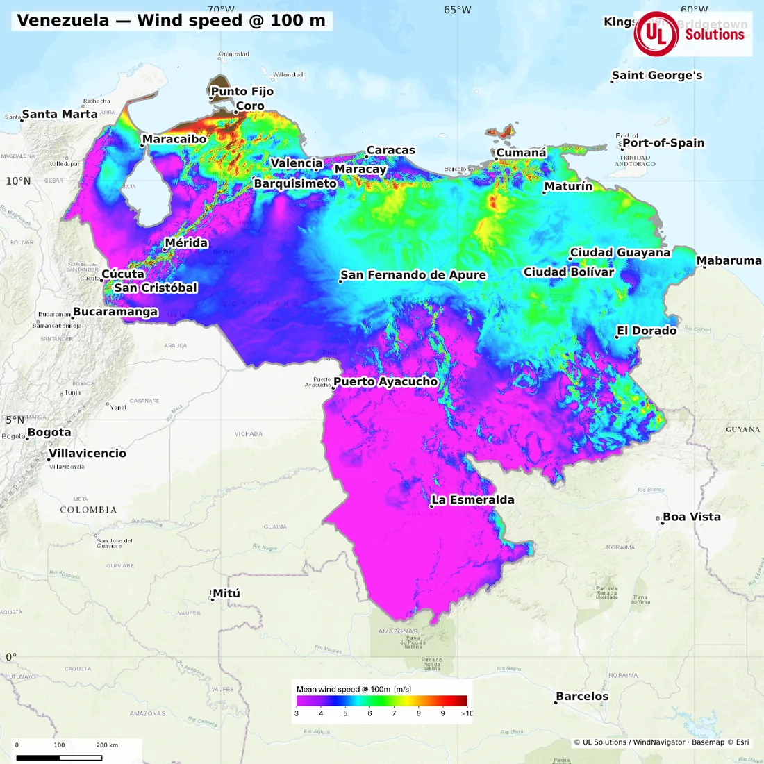 Wind speed map of Venezuela at 100m hub height
