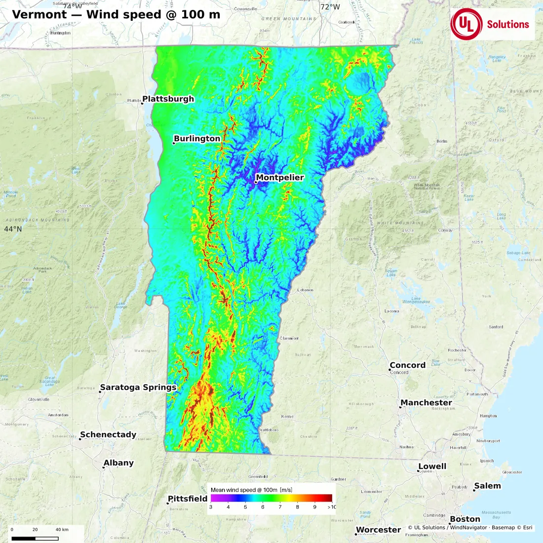 Wind speed map of Vermont at 100m hub height