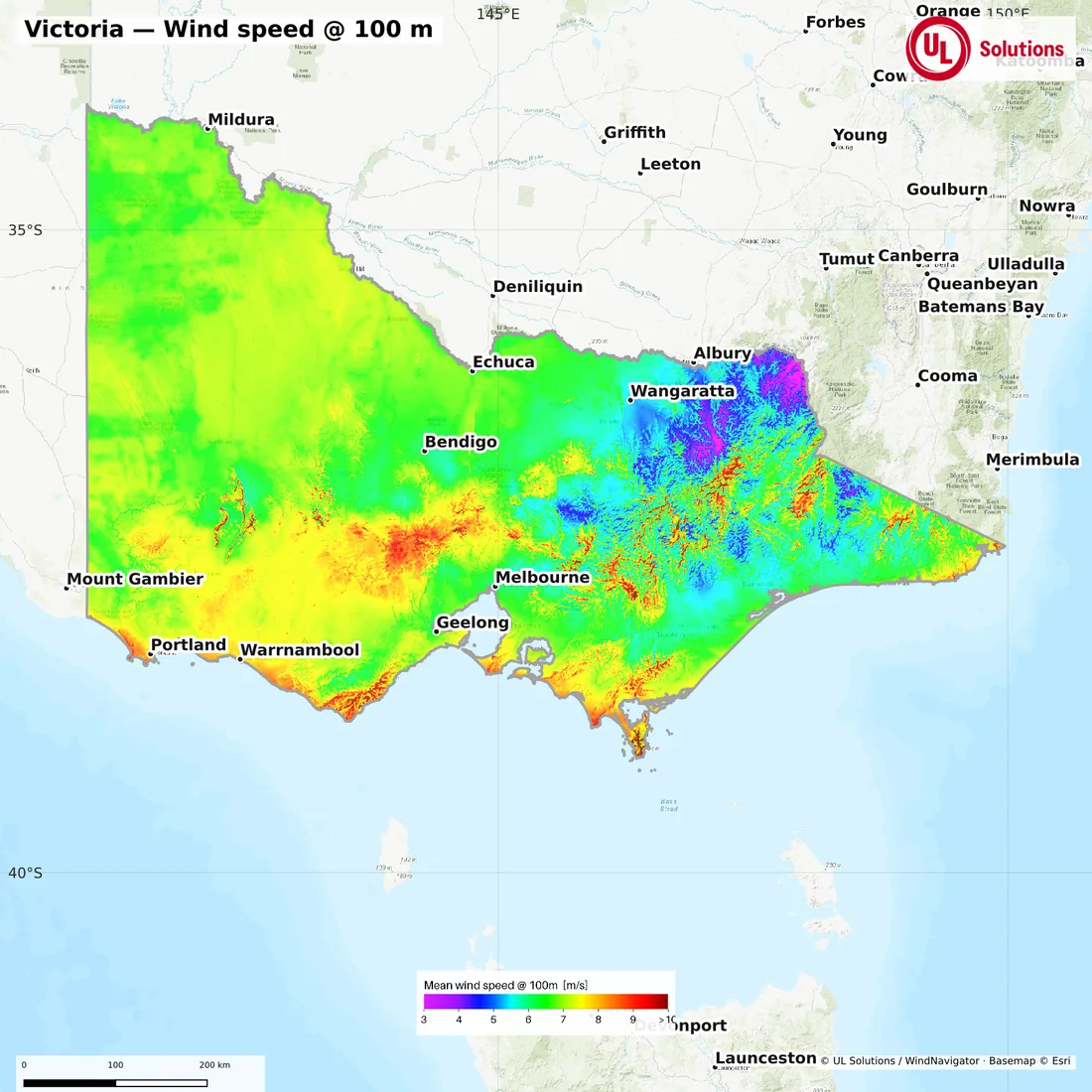 Wind speed map of Victoria at 100m hub height