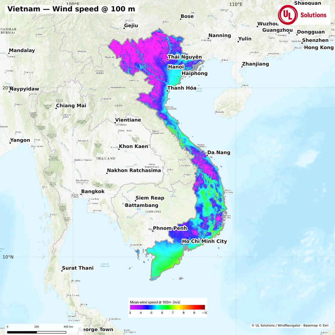 Wind speed map of Vietnam at 100m hub height