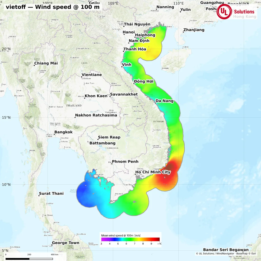 Wind speed map of vietoff at 100m hub height