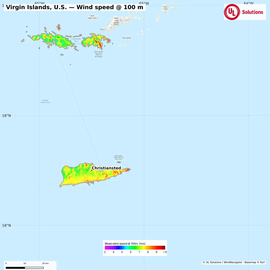 Wind speed map of Virgin Islands, U.S. at 100m hub height