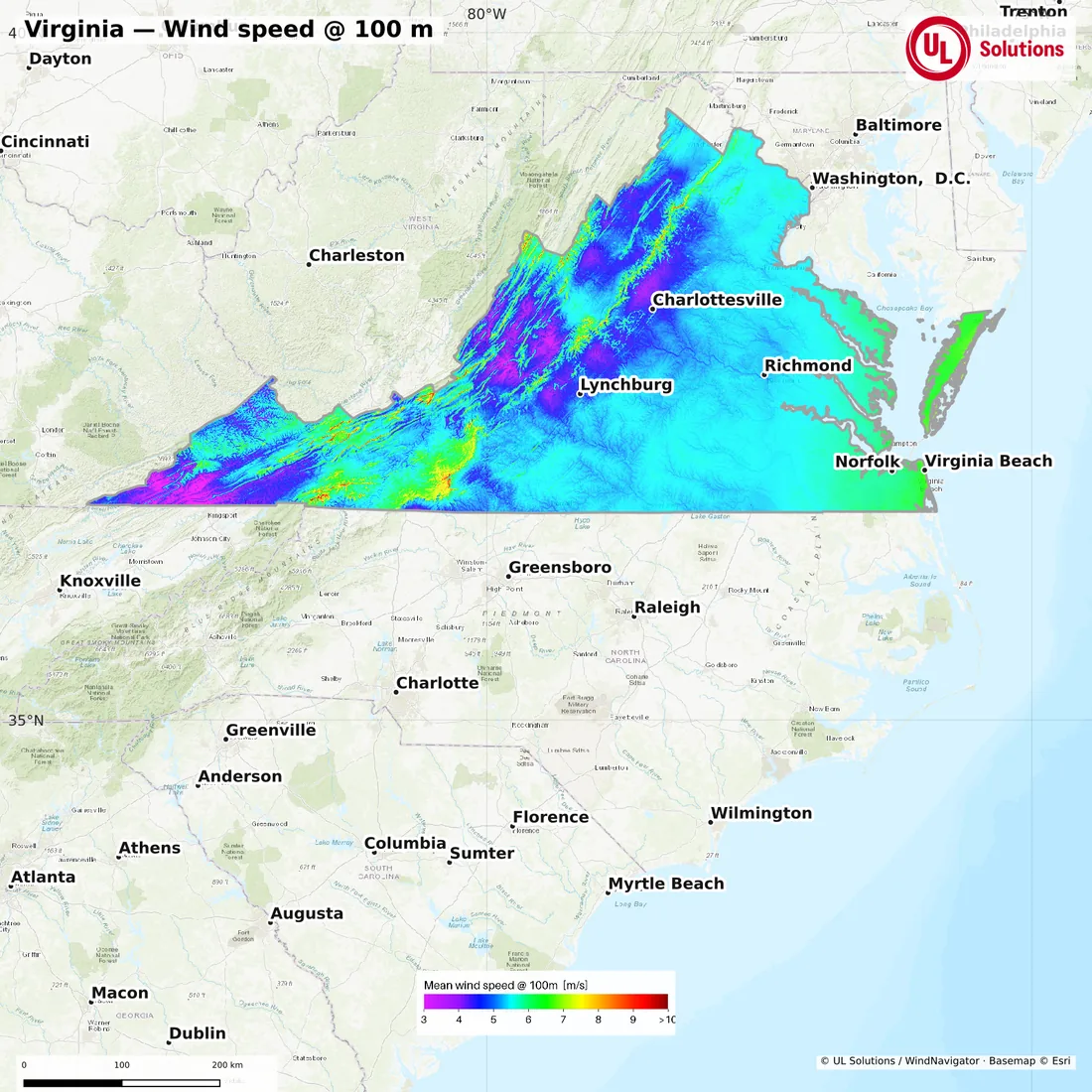 Wind speed map of Virginia at 100m hub height