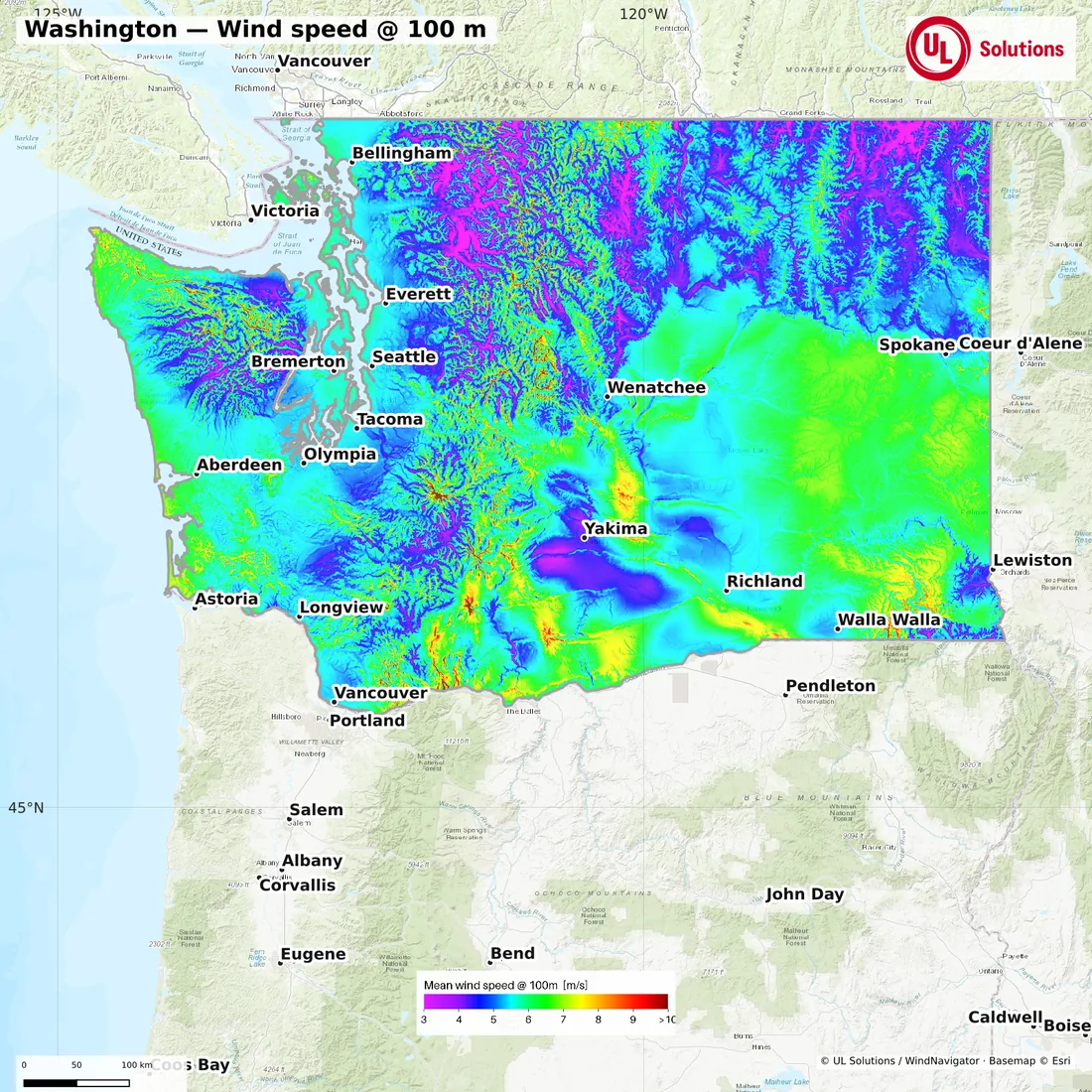 Wind speed map of Washington at 100m hub height