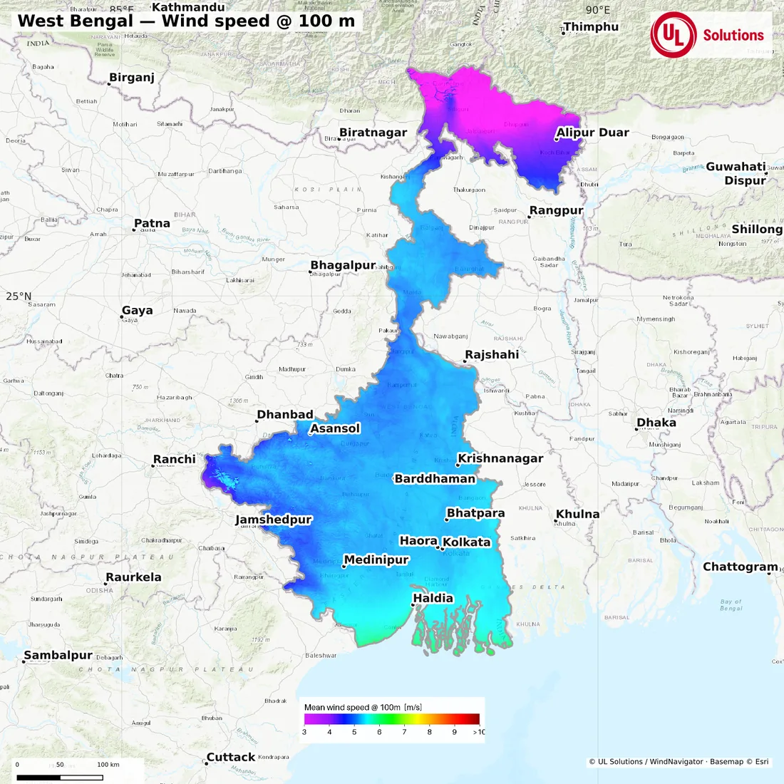 Wind speed map of West Bengal at 100m hub height