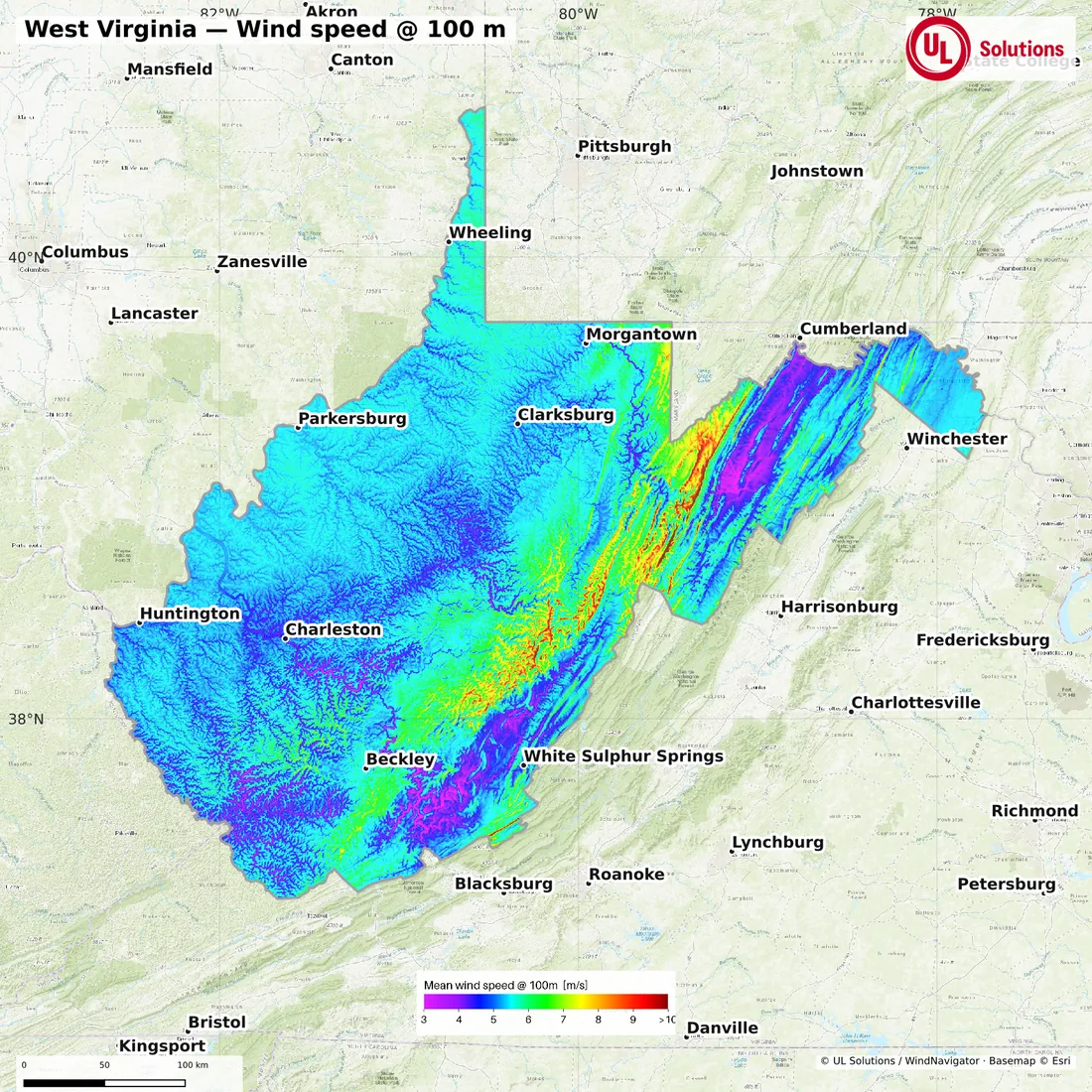 Wind speed map of West Virginia at 100m hub height